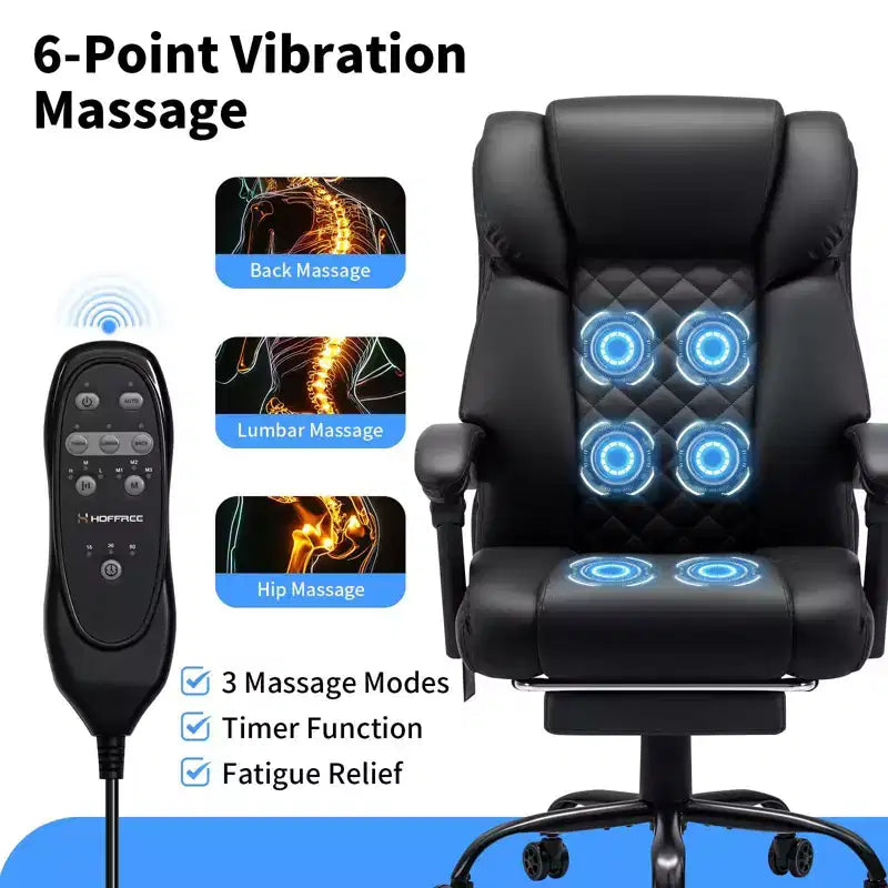 HOFFREE Chaise de bureau ergonomique avec 6 points de massage et inclinaison, réglable, similicuir, supporte 180 kg, idéale pour le bureau à domicile