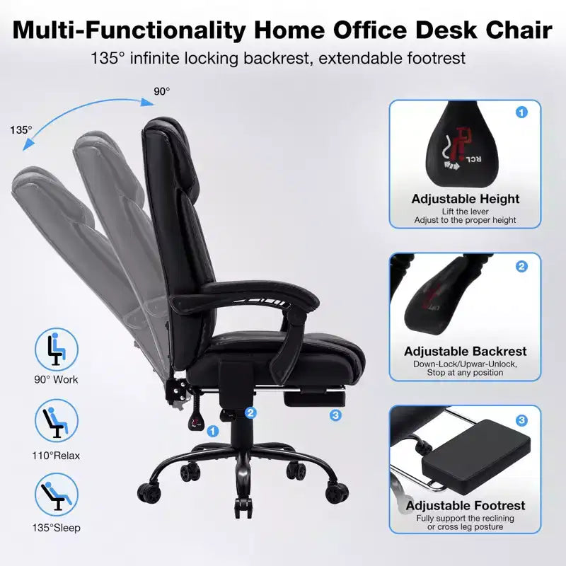 HOFFREE Chaise de bureau ergonomique avec 6 points de massage et inclinaison, réglable, similicuir, supporte 180 kg, idéale pour le bureau à domicile