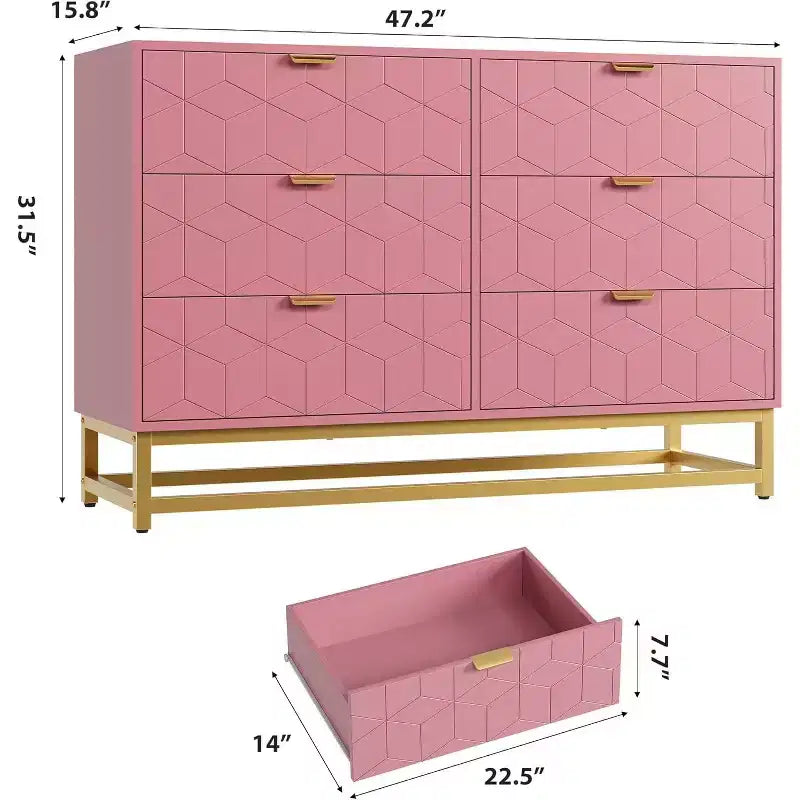 Commode moderne à 6 tiroirs, poignées dorées, meuble TV long avec rangement