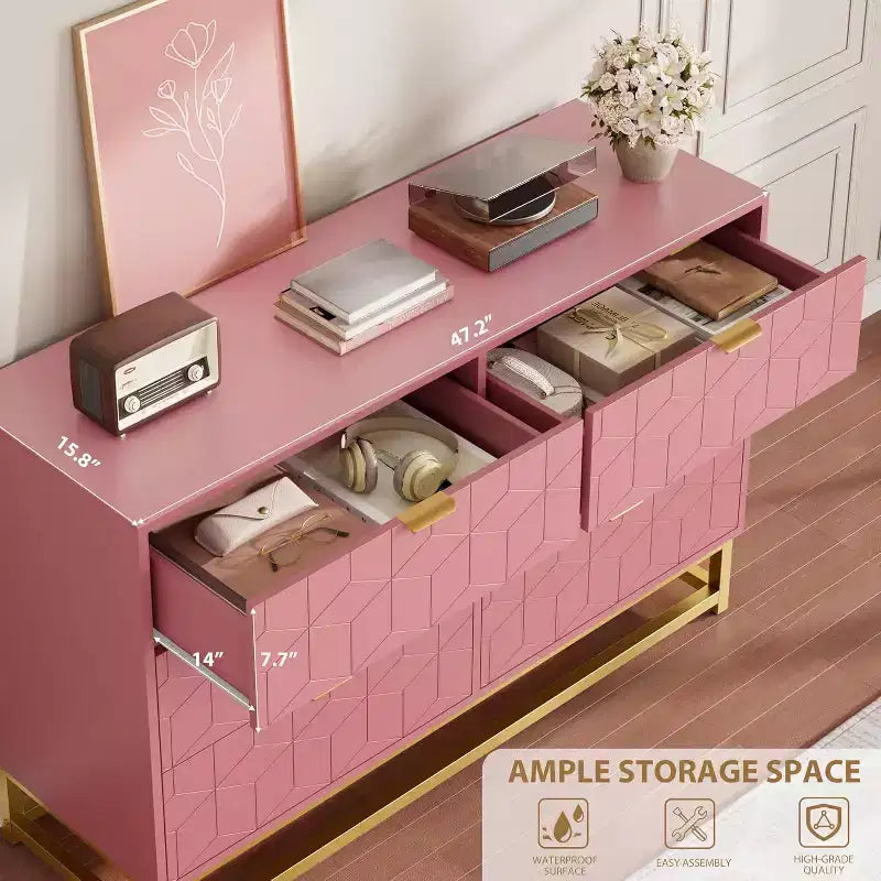 Commode moderne à 6 tiroirs, poignées dorées, meuble TV long avec rangement