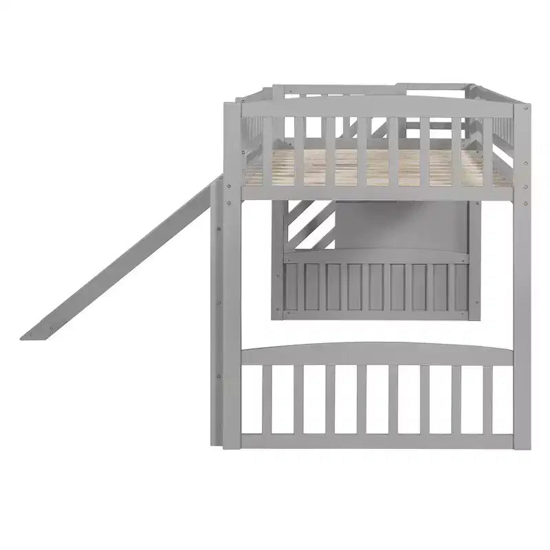 Lit mezzanine Bellemave deux places avec toboggan, cadre de lit en bois avec escalier de rangement et barrières de sécurité, idéal pour les chambres.