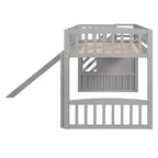 Lit mezzanine Bellemave deux places avec toboggan, cadre de lit en bois avec escalier de rangement et barrières de sécurité, idéal pour les chambres.