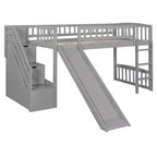 Lit mezzanine Bellemave deux places avec toboggan, cadre de lit en bois avec escalier de rangement et barrières de sécurité, idéal pour les chambres.