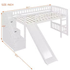 Lit mezzanine Bellemave deux places avec toboggan, cadre de lit en bois avec escalier de rangement et barrières de sécurité, idéal pour les chambres.