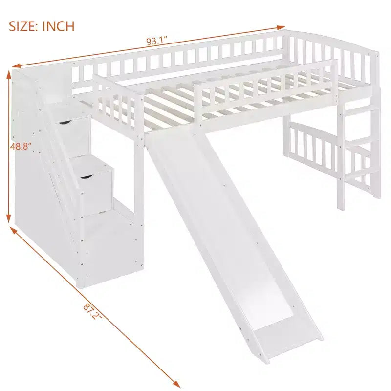 Lit mezzanine Bellemave deux places avec toboggan, cadre de lit en bois avec escalier de rangement et barrières de sécurité, idéal pour les chambres.