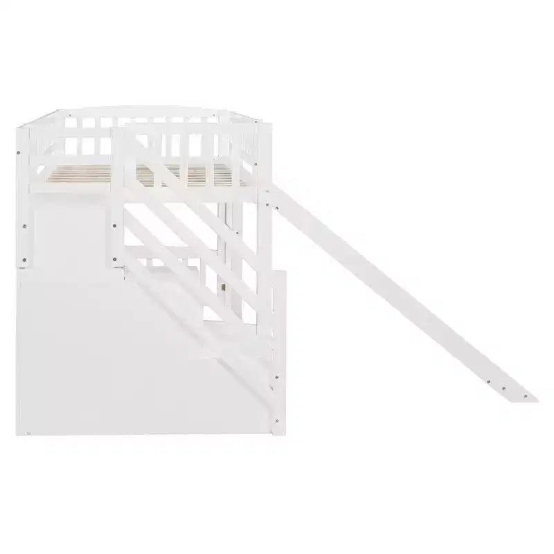 Lit mezzanine Bellemave deux places avec toboggan, cadre de lit en bois avec escalier de rangement et barrières de sécurité, idéal pour les chambres.