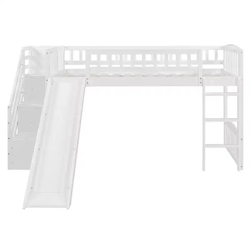 Lit mezzanine Bellemave deux places avec toboggan, cadre de lit en bois avec escalier de rangement et barrières de sécurité, idéal pour les chambres.