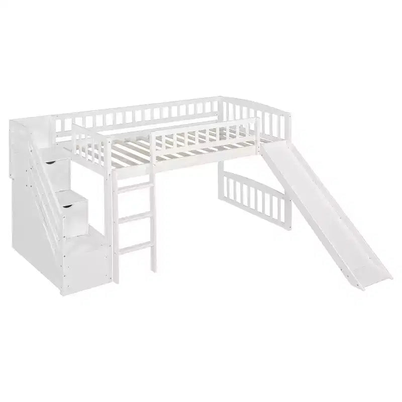 Lit mezzanine Bellemave deux places avec toboggan, cadre de lit en bois avec escalier de rangement et barrières de sécurité, idéal pour les chambres.