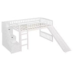 Lit mezzanine Bellemave deux places avec toboggan, cadre de lit en bois avec escalier de rangement et barrières de sécurité, idéal pour les chambres.