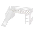 Lit mezzanine Bellemave deux places avec toboggan, cadre de lit en bois avec escalier de rangement et barrières de sécurité, idéal pour les chambres.