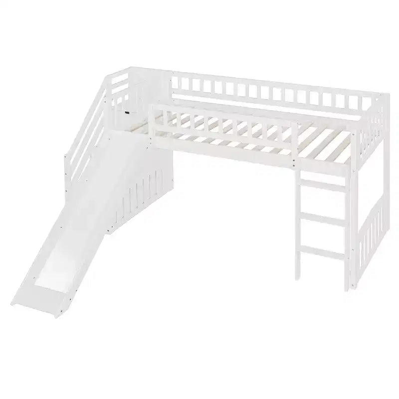 Lit mezzanine Bellemave deux places avec toboggan, cadre de lit en bois avec escalier de rangement et barrières de sécurité, idéal pour les chambres.
