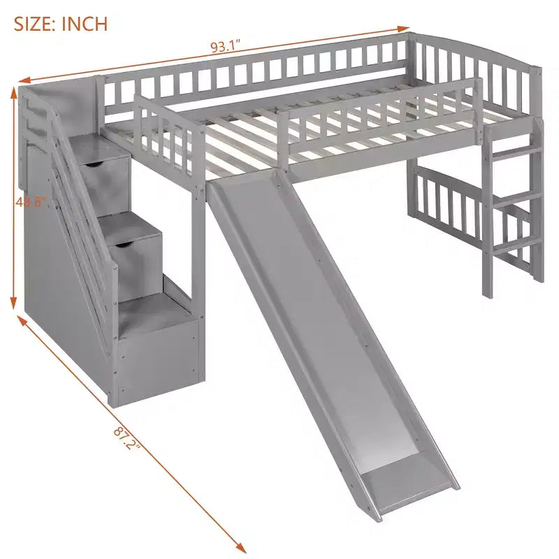Lit mezzanine Bellemave deux places avec toboggan, cadre de lit en bois avec escalier de rangement et barrières de sécurité, idéal pour les chambres.