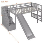 Lit mezzanine Bellemave deux places avec toboggan, cadre de lit en bois avec escalier de rangement et barrières de sécurité, idéal pour les chambres.