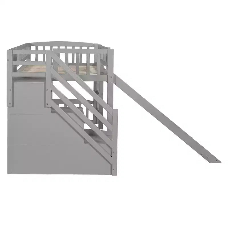 Lit mezzanine Bellemave deux places avec toboggan, cadre de lit en bois avec escalier de rangement et barrières de sécurité, idéal pour les chambres.