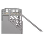 Lit mezzanine Bellemave deux places avec toboggan, cadre de lit en bois avec escalier de rangement et barrières de sécurité, idéal pour les chambres.
