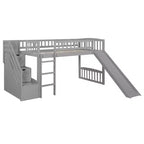 Lit mezzanine Bellemave deux places avec toboggan, cadre de lit en bois avec escalier de rangement et barrières de sécurité, idéal pour les chambres.