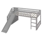 Lit mezzanine Bellemave deux places avec toboggan, cadre de lit en bois avec escalier de rangement et barrières de sécurité, idéal pour les chambres.