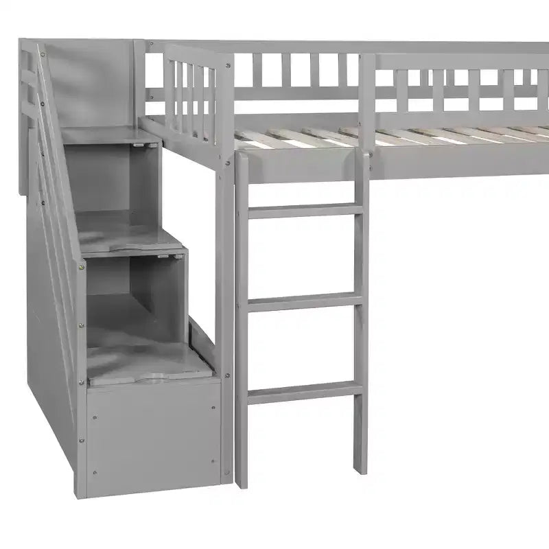Lit mezzanine Bellemave deux places avec toboggan, cadre de lit en bois avec escalier de rangement et barrières de sécurité, idéal pour les chambres.