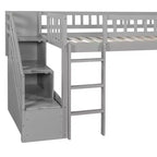 Lit mezzanine Bellemave deux places avec toboggan, cadre de lit en bois avec escalier de rangement et barrières de sécurité, idéal pour les chambres.