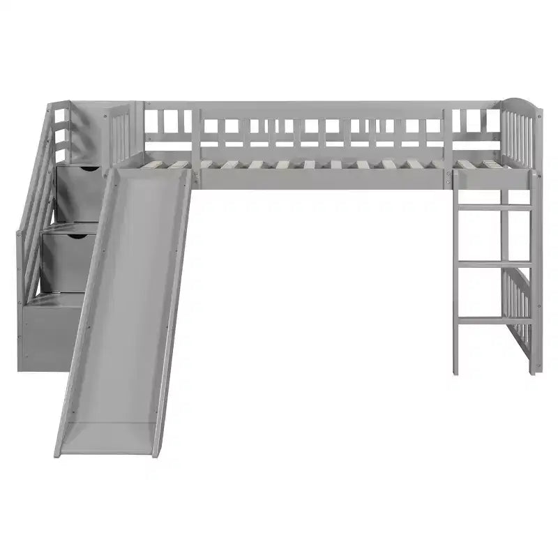 Lit mezzanine Bellemave deux places avec toboggan, cadre de lit en bois avec escalier de rangement et barrières de sécurité, idéal pour les chambres.