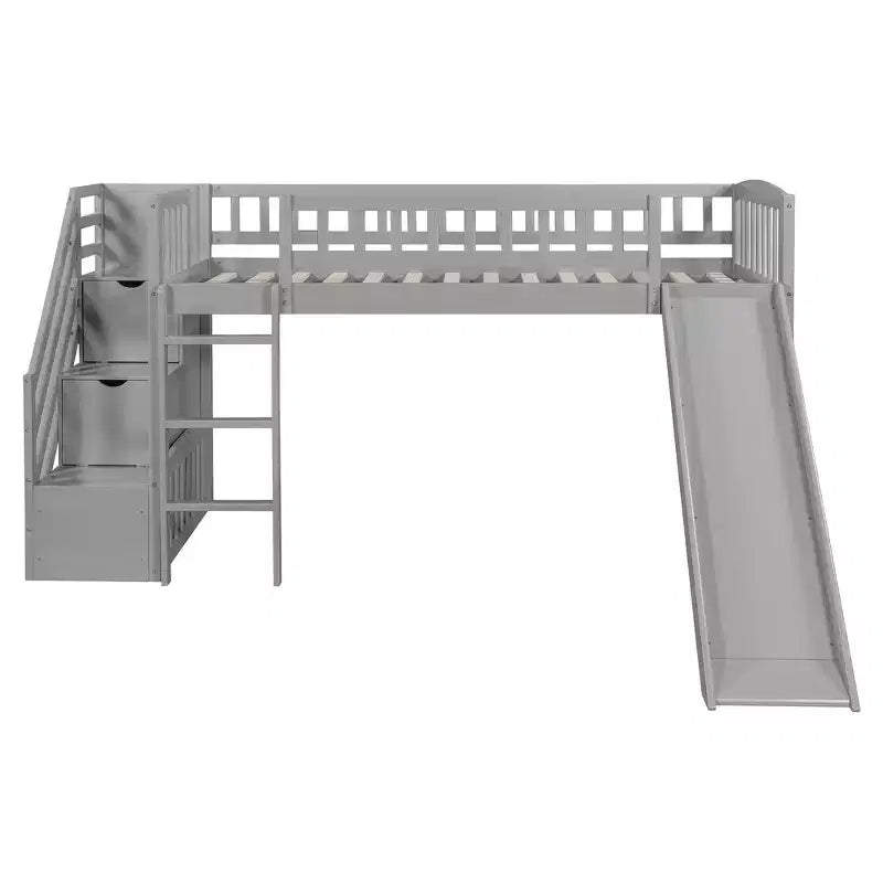 Lit mezzanine Bellemave deux places avec toboggan, cadre de lit en bois avec escalier de rangement et barrières de sécurité, idéal pour les chambres.