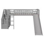 Lit mezzanine Bellemave deux places avec toboggan, cadre de lit en bois avec escalier de rangement et barrières de sécurité, idéal pour les chambres.