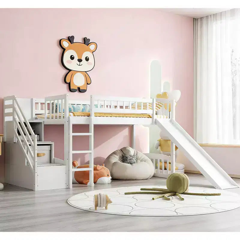 Lit mezzanine Bellemave deux places avec toboggan, cadre de lit en bois avec escalier de rangement et barrières de sécurité, idéal pour les chambres.