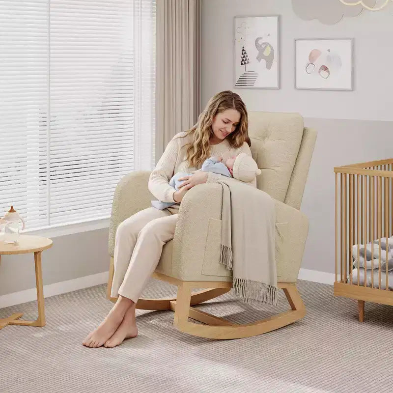 Fauteuil à bascule moderne pour chambre d'enfant, fauteuil à bascule rembourré en tissu bouclé, fauteuil inclinable confortable avec poche latérale, fauteuil à bascule planeur pour salon, chambre à coucher