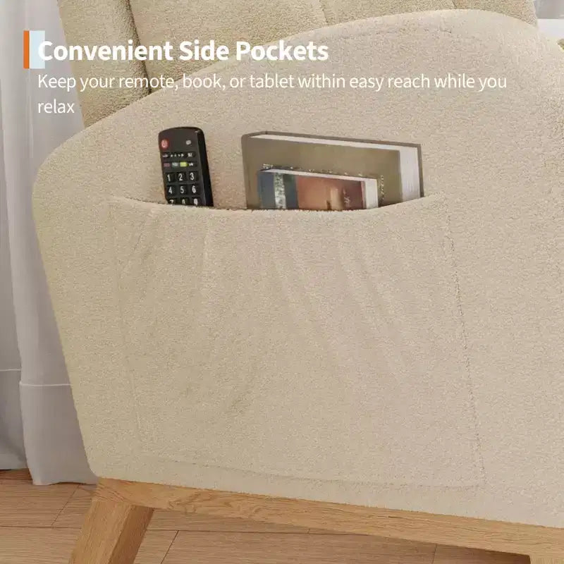 Fauteuil à bascule moderne pour chambre d'enfant, fauteuil à bascule rembourré en tissu bouclé, fauteuil inclinable confortable avec poche latérale, fauteuil à bascule planeur pour salon, chambre à coucher