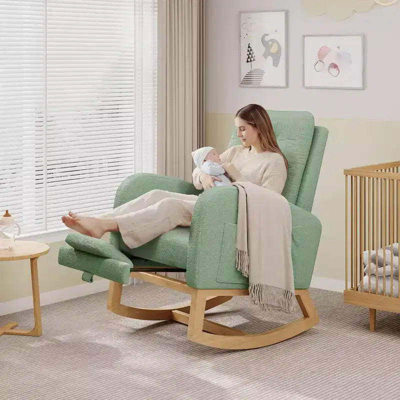Fauteuil à bascule moderne pour chambre d'enfant, fauteuil à bascule rembourré en tissu bouclé, fauteuil inclinable confortable avec poche latérale, fauteuil à bascule planeur pour salon, chambre à coucher