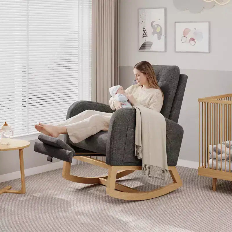 Fauteuil à bascule moderne pour chambre d'enfant, fauteuil à bascule rembourré en tissu bouclé, fauteuil inclinable confortable avec poche latérale, fauteuil à bascule planeur pour salon, chambre à coucher