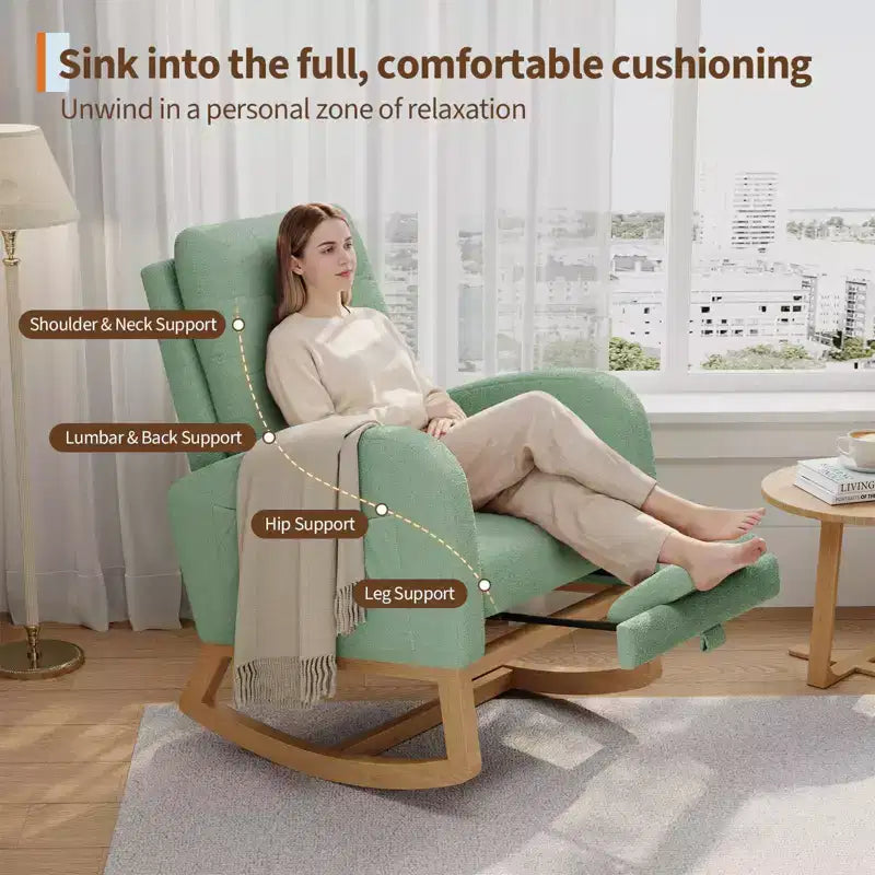 Fauteuil à bascule moderne pour chambre d'enfant, fauteuil à bascule rembourré en tissu bouclé, fauteuil inclinable confortable avec poche latérale, fauteuil à bascule planeur pour salon, chambre à coucher