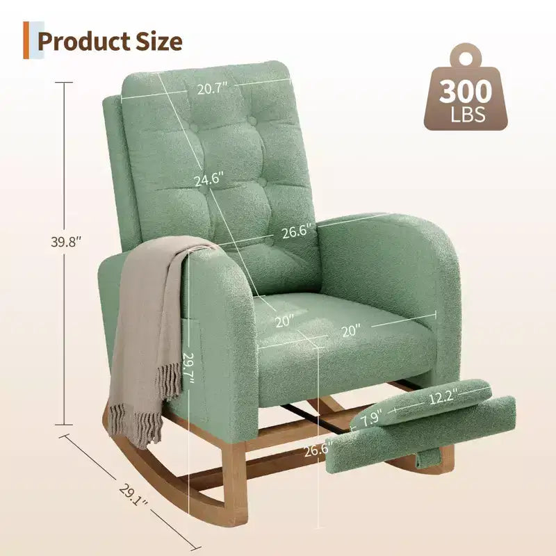 Fauteuil à bascule moderne pour chambre d'enfant, fauteuil à bascule rembourré en tissu bouclé, fauteuil inclinable confortable avec poche latérale, fauteuil à bascule planeur pour salon, chambre à coucher