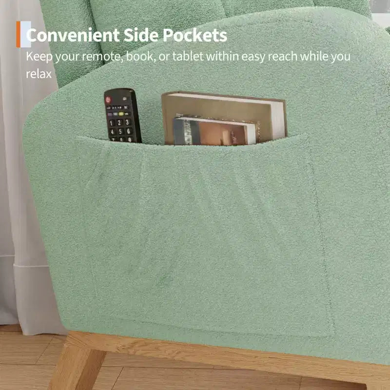 Fauteuil à bascule moderne pour chambre d'enfant, fauteuil à bascule rembourré en tissu bouclé, fauteuil inclinable confortable avec poche latérale, fauteuil à bascule planeur pour salon, chambre à coucher