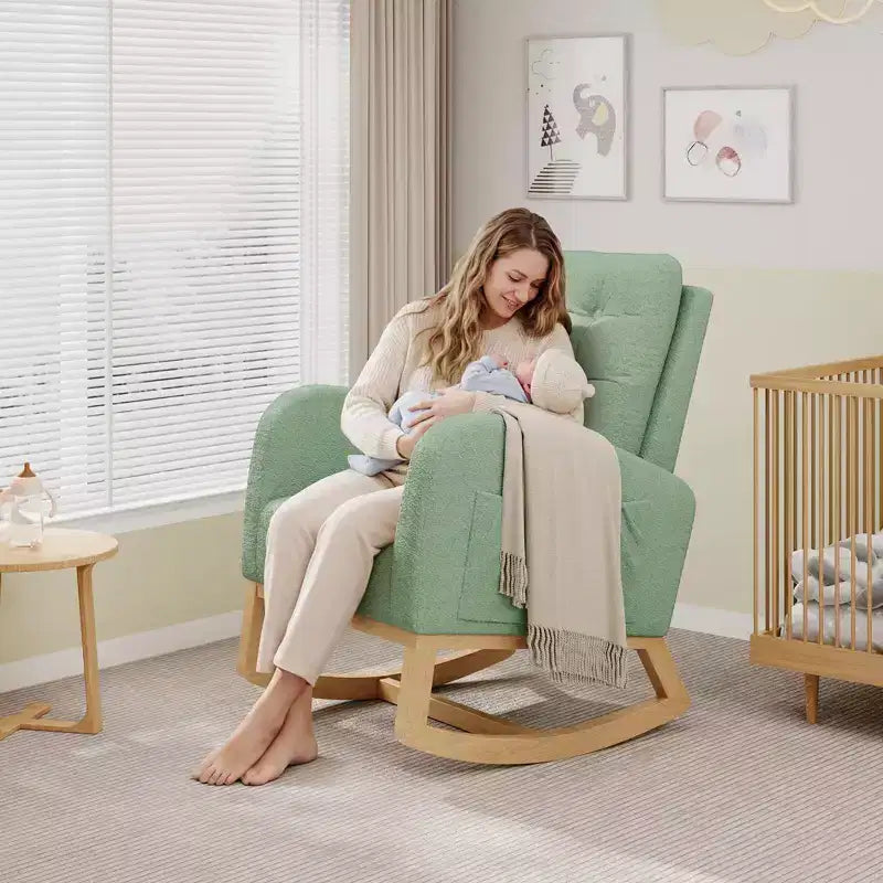 Fauteuil à bascule moderne pour chambre d'enfant, fauteuil à bascule rembourré en tissu bouclé, fauteuil inclinable confortable avec poche latérale, fauteuil à bascule planeur pour salon, chambre à coucher