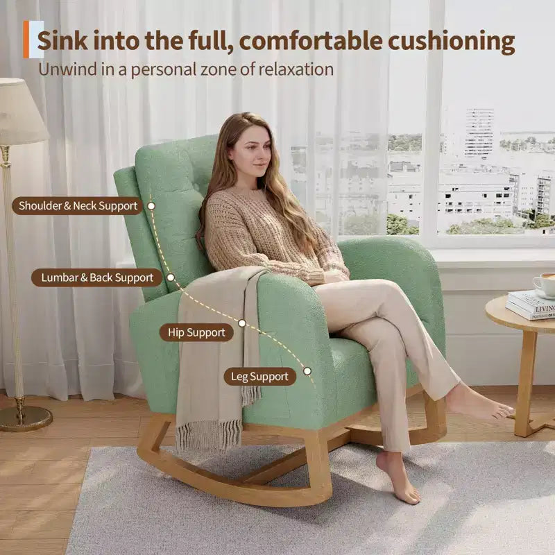 Fauteuil à bascule moderne pour chambre d'enfant, fauteuil à bascule rembourré en tissu bouclé, fauteuil inclinable confortable avec poche latérale, fauteuil à bascule planeur pour salon, chambre à coucher