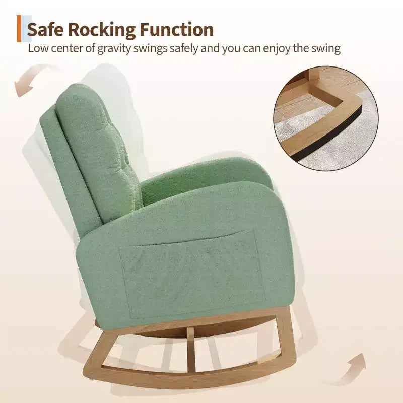 Fauteuil à bascule moderne pour chambre d'enfant, fauteuil à bascule rembourré en tissu bouclé, fauteuil inclinable confortable avec poche latérale, fauteuil à bascule planeur pour salon, chambre à coucher