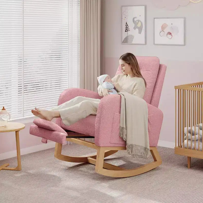 Fauteuil à bascule moderne pour chambre d'enfant, fauteuil à bascule rembourré en tissu bouclé, fauteuil inclinable confortable avec poche latérale, fauteuil à bascule planeur pour salon, chambre à coucher