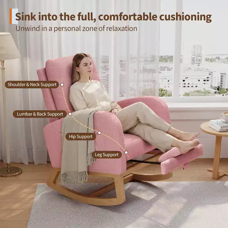 Fauteuil à bascule moderne pour chambre d'enfant, fauteuil à bascule rembourré en tissu bouclé, fauteuil inclinable confortable avec poche latérale, fauteuil à bascule planeur pour salon, chambre à coucher