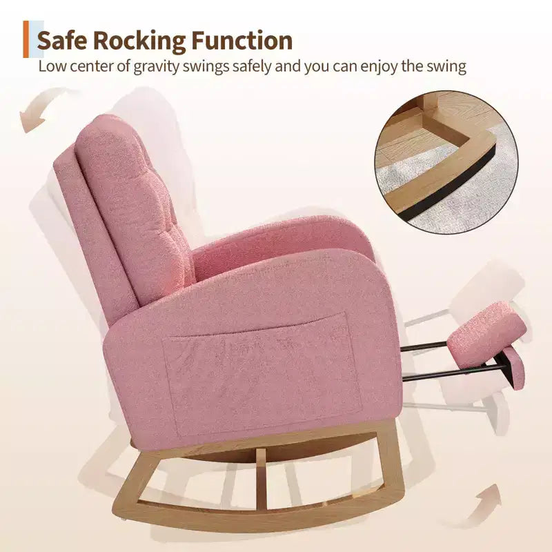 Fauteuil à bascule moderne pour chambre d'enfant, fauteuil à bascule rembourré en tissu bouclé, fauteuil inclinable confortable avec poche latérale, fauteuil à bascule planeur pour salon, chambre à coucher