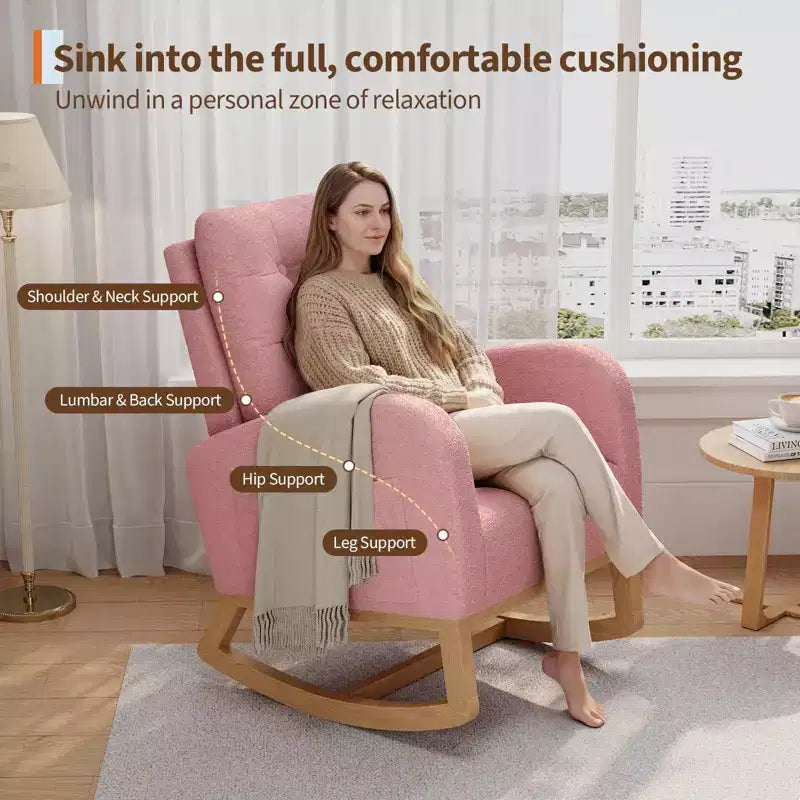 Fauteuil à bascule moderne pour chambre d'enfant, fauteuil à bascule rembourré en tissu bouclé, fauteuil inclinable confortable avec poche latérale, fauteuil à bascule planeur pour salon, chambre à coucher