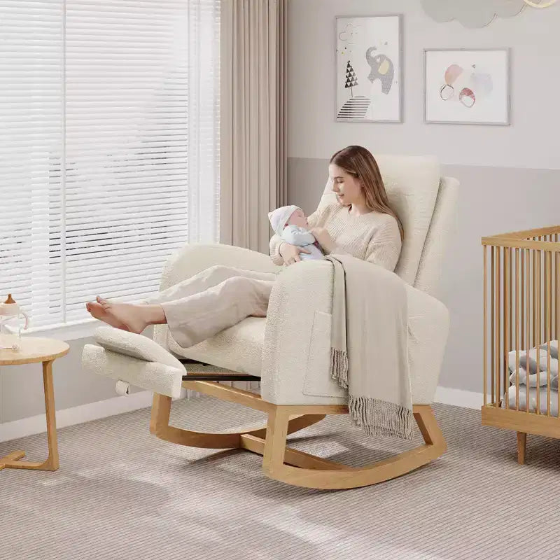 Fauteuil à bascule moderne pour chambre d'enfant, fauteuil à bascule rembourré en tissu bouclé, fauteuil inclinable confortable avec poche latérale, fauteuil à bascule planeur pour salon, chambre à coucher