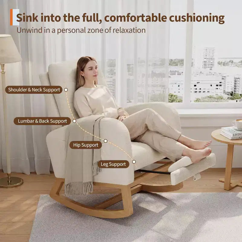 Fauteuil à bascule moderne pour chambre d'enfant, fauteuil à bascule rembourré en tissu bouclé, fauteuil inclinable confortable avec poche latérale, fauteuil à bascule planeur pour salon, chambre à coucher
