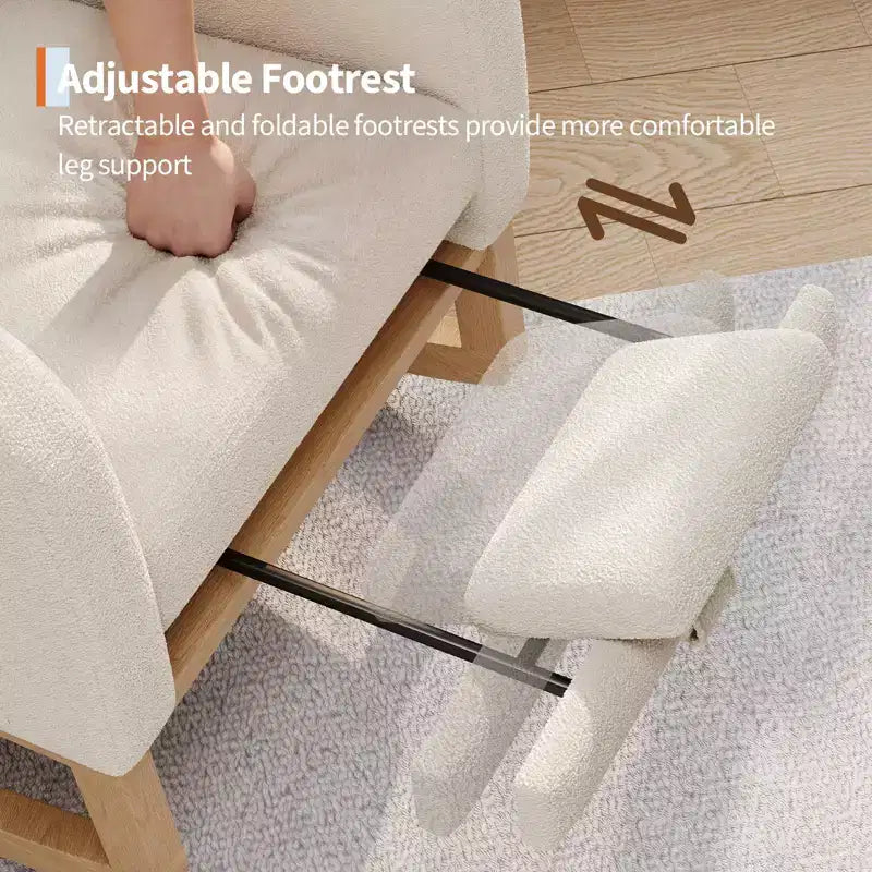 Fauteuil à bascule moderne pour chambre d'enfant, fauteuil à bascule rembourré en tissu bouclé, fauteuil inclinable confortable avec poche latérale, fauteuil à bascule planeur pour salon, chambre à coucher