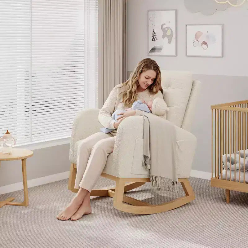 Fauteuil à bascule moderne pour chambre d'enfant, fauteuil à bascule rembourré en tissu bouclé, fauteuil inclinable confortable avec poche latérale, fauteuil à bascule planeur pour salon, chambre à coucher