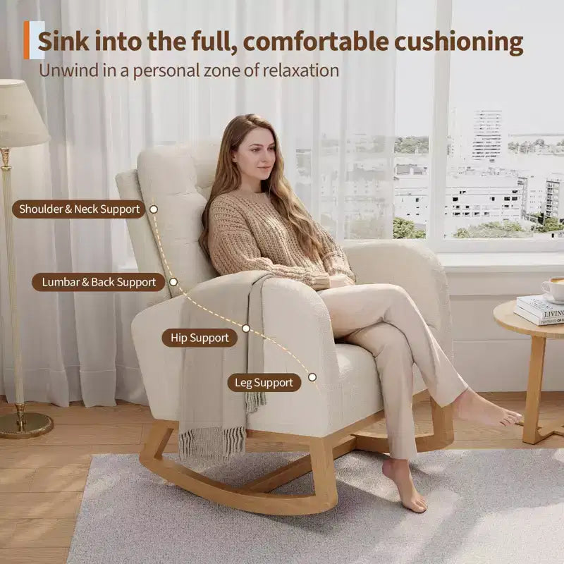 Fauteuil à bascule moderne pour chambre d'enfant, fauteuil à bascule rembourré en tissu bouclé, fauteuil inclinable confortable avec poche latérale, fauteuil à bascule planeur pour salon, chambre à coucher