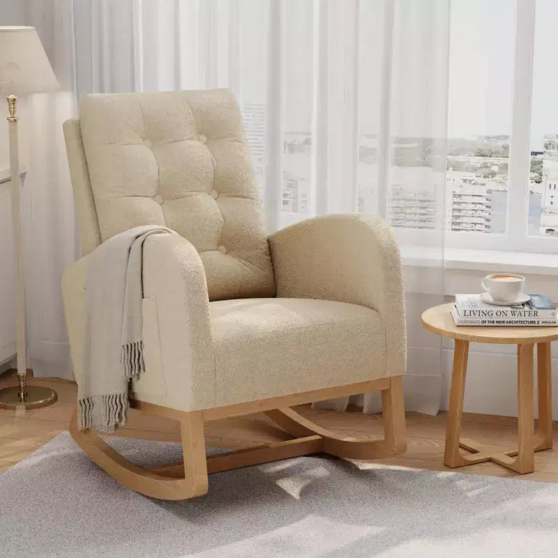 Fauteuil à bascule moderne pour chambre d'enfant, fauteuil à bascule rembourré en tissu bouclé, fauteuil inclinable confortable avec poche latérale, fauteuil à bascule planeur pour salon, chambre à coucher