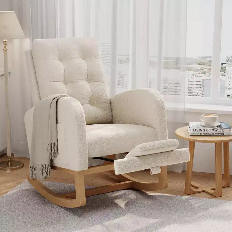 Fauteuil à bascule moderne pour chambre d'enfant, fauteuil à bascule rembourré en tissu bouclé, fauteuil inclinable confortable avec poche latérale, fauteuil à bascule planeur pour salon, chambre à coucher