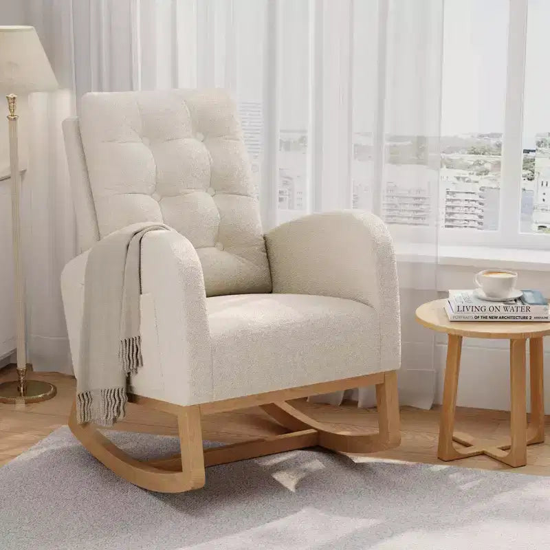 Fauteuil à bascule moderne pour chambre d'enfant, fauteuil à bascule rembourré en tissu bouclé, fauteuil inclinable confortable avec poche latérale, fauteuil à bascule planeur pour salon, chambre à coucher