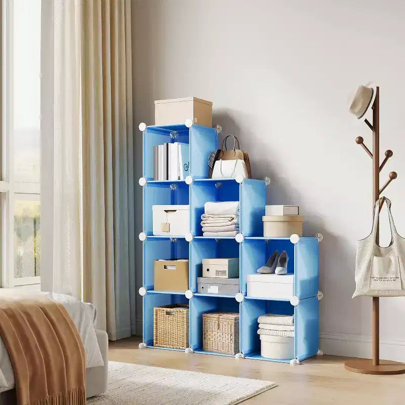 Meuble de rangement 9 cubes en PVC, Étagère modulaire facile à monter pour chambre et salon, Bleu